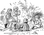 An illustration of four children having a small tea party on a stump in the woods.