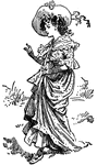 An illustration of a young woman wearing an ornate hat while taking a walk.