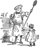 An illustration of a man holding a large bread board and a young girl holding a tray with a loaf of bread.