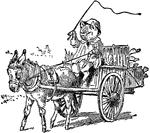 An illustration of a pig driving a cart pulled by a donkey to the market.