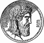 An illustration of a coin depicting the face of Zeus.