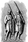 An illustration of two lictors, members of a special class of Roman civil servants. Lictors had special tasks of attending and guarding magistrates of the Roman Republic and Empire who held imperium; essentially, a bodyguard. The origin of the tradition of lictors goes back to the time when Rome was a kingdom, perhaps acquired from their Etruscan neighbours.