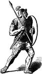 Illustration of a Roman soldier, also called a legionary, carrying a shield, short sword, and a short javelin for throwing. He is wearing sandals, traditional armor, and a helmet.