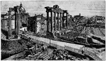 An illustration of the Roman Forum as in 1885. The Roman Forum, sometimes known by its original Latin name, is located between the Palatine hill and the Capitoline hill of the city of Rome. It is the central area around which the ancient Roman civilization developed. Citizens referred to the location as the "Forum Magnum" or just the "Forum