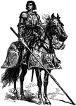 An illustration of a knight sitting on a horse wearing a full suit of armor.