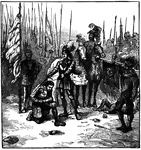 An illustration of a man being knighted on a battle field.