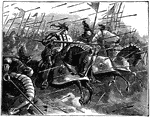 An illustration of a group of knights charging on horseback with lances.