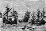 An illustration of Spanish and English ships with sails at war.