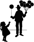 An illustration of a man holding a bunch of balloons and handing a young girl a single balloon.