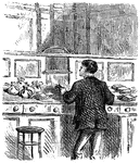 An illustration of a banker sorting money at a counter.