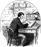 An illustration of a man sitting at a desk and writing in a journal.