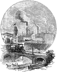 An illustration of a factory set near a river with a train track on a bridge.