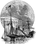 An illustration of an entry port with ships in a town.