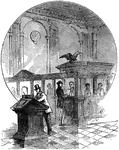 An illustration of the foyer of a bank with teller windows.