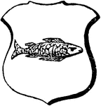 "Argent, a salmon proper, naiant, its head towards the sinister side of the shield. NAIANT. A French term for swimming. This term is used in Heraldry when a fish is drawn in an horizontal position." -Hall, 1862