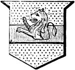 "Or, from the midst of a fess, gules, a lion rampant naissant. NAISSANT. A French word signifying coming out. It is used when a lion or any other animal appears to be rising out of the centre of an ordinary." -Hall, 1862