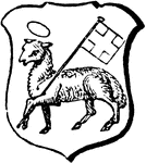 "Argent, a lamb passant, carrying a banner charged with a cross. PASCHAL LAMB, or HOLY LAMB." -Hall, 1862