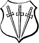 "Argent, three swords in pile, their points towards the base. IN PILE. Arms or other charges that are placed so as to form the shape of a pile are said to be borne in pile." -Hall, 1862