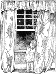 An illustration of a young girl wishing upon a star through a window with large drapes