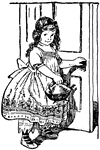 An illustration of a girl opening a door and holding a tea kettle.