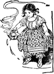 An illustration of a young girl carrying a tea kettle.