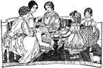 An illustration of three women and two girls having tea and snacks.