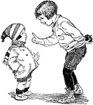 An illustration of a young girl holding an apple behind her back while scolding a young child.