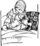 An illustration of a young girl trying to keep a bottle away from an eager puppy.
