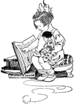 An illustration of a young girl reading a book and holding a small doll.