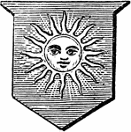 "Azure, a sun in its splendour. SOL, or THE SUN IN ITS SPLENDOUR. The sun is said to be in its splendour when it is figured (that is, delineated with a human face) and surrounded with rays. Sometimes this figure is called a sun in its glory." -Hall, 1862