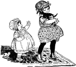 An illustration of two girls playing with a black cat.