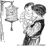 An illustration of a mother holding a child to look at a bird in a cage.