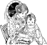 An illustration of a mother holding a child on her lap.