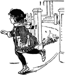 An illustration of a young child running through a gate while holding two school books.