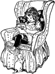 An illustration of a young girl sitting in a chair reading a book.
