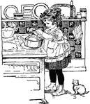 An illustration of a girl heating water in the stove in a tea kettle.