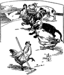 An illustration of a hen raking the barnyard while  a goose, cat, two dogs, and a hen watch.