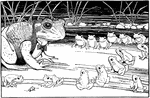 An illustration of young frogs sitting in rows looking at an adult frog in a suit.