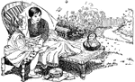 An illustration of a boy and a girl sitting on chairs in a garden.