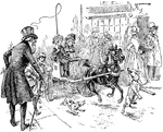 An illustration of children driving a buggy pulled by horses through a town.