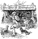 An illustration of a boy wearing a hat and holding a sword while playing with a group of dogs.