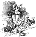 An illustration of a boy blowing a horn with dogs by his side.