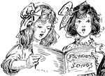 An illustration of two girls singing while holding a chorus book between the two of them.