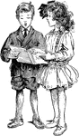 An illustration of a boy and girl holding a chorus book and singing.