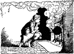 An illustration of a young boy sitting on a stool watching a tea kettle in a fireplace.
