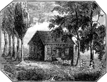 "Fig 13 - Wilson's School-House, near Gray's, Ferry, Philadelphia. From a drawing by M. S. Weaver, Oct. 22, 1841, received by Elliott Coues, February, 1879, from Malvina Lawson, daughter of Alexander Lawson, Wilson's engraver." Elliot Coues, 1884