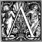 This letter A with angels is designed with the angels playing a trumpet and a sea shell in the background. All around are leaves and flowers.