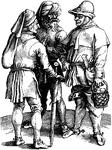 The Three Peasants engraving was created by artist Albrecht D&uuml;rer. It depicts three men having a conversation.
