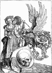 The Arms of Death is an engraving that was created by German artist Albrecht D&uuml;rer in 1503. It shows a woman standing behind a helmet that is topped with eagle wings and a large skull on the bottom.