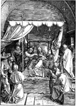 The Death of the Virgin is a woodcut created by Albrecht D&uuml;rer in 1510. It is part of a series called "Life of the Virgin". It depicts Mary in her death bed surrounded by the twelve disciples. A woodcut is created by carving an image on a wooden block and rolling ink over that surface and then printing it on paper.